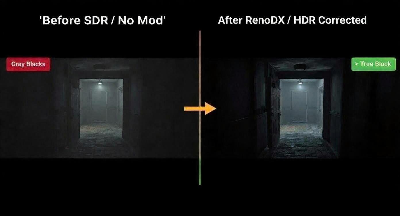 RenoDX Mod適用前後の比較:黒浮きがなくなりホラーゲームの暗所が完全な黒になる
