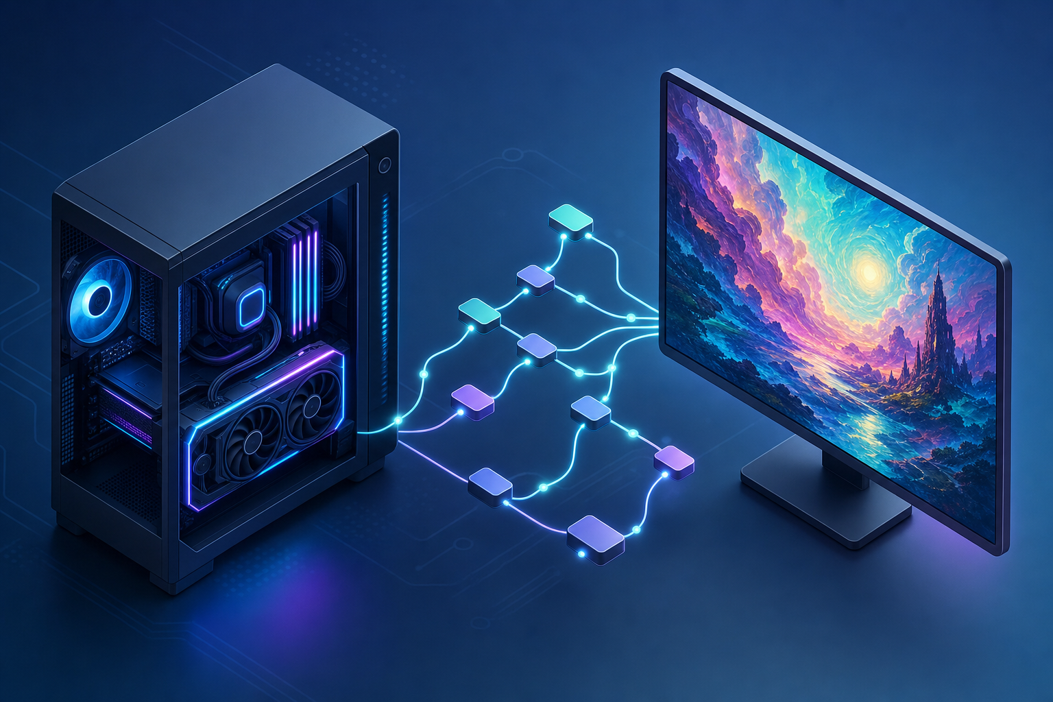 ローカルPCで動くComfyUIによるAI画像生成のイメージ。GPUを搭載したPCがノードをつないだワークフローを通じてモニタに画像を生成している様子