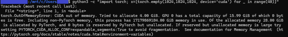 PyTorchで torch.OutOfMemoryError: CUDA out of memory が発生し、確保しようとしたサイズとGPU容量が表示されているターミナル