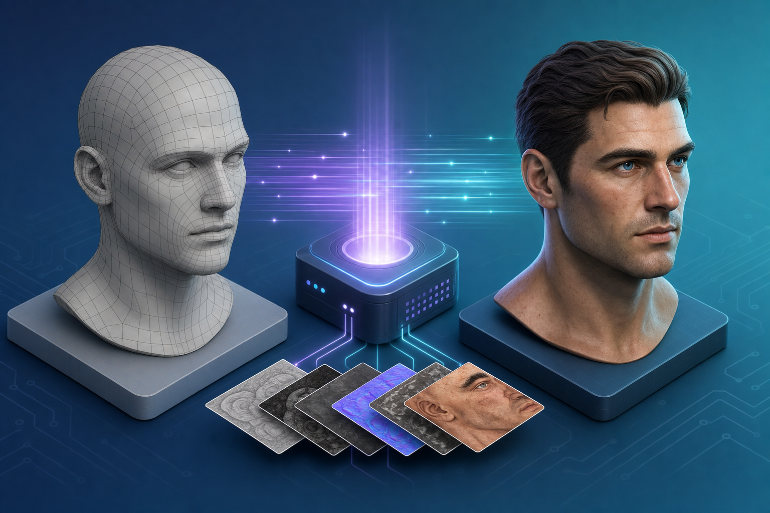3Dモデルのワイヤーフレームからテクスチャ済みへベイクを含むワークフローのイメージ