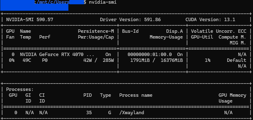 対処後の nvidia-smi でVRAM使用量が大きく下がっている