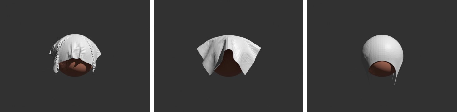 布を球に落とした結果。左は従来のCloth、中は新しい布の既定、右は新しい布でBendiness 1