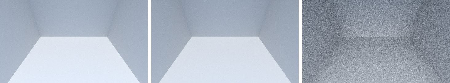 Blender 5.2で描いた部屋。左からガラスなし、Thin Wallの窓、厚み1cmのガラスの窓