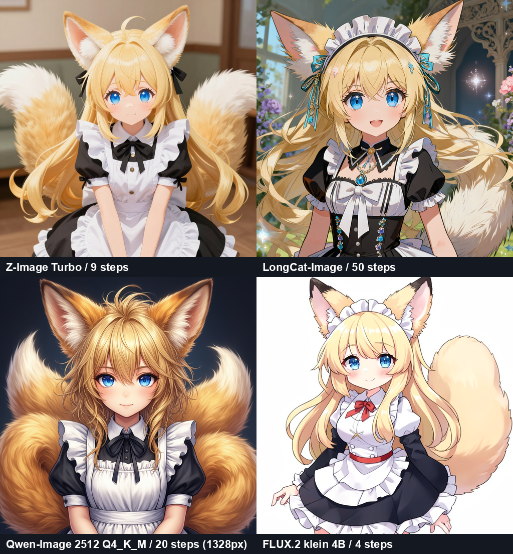 同じプロンプトとシードで4本のモデルが出した画像(Z-Image Turbo・LongCat-Image・Qwen-Image 2512 Q4_K_M・FLUX.2 klein 4B)